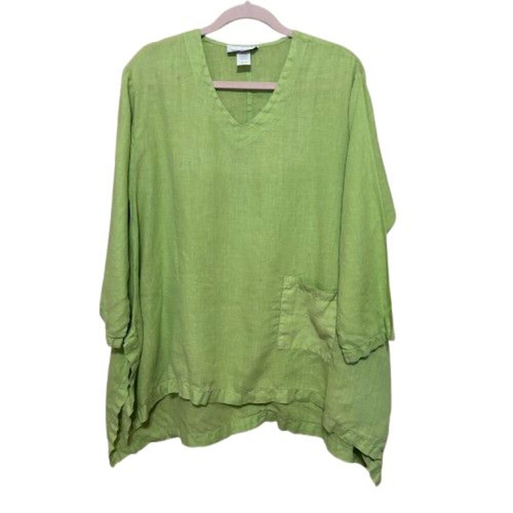 La Fixsun 100% Linen Tunic Top Womens Small Oversized Green Lagenlook Artsy